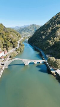 Aerial view of Devil&rsquo;s Bridge Ponte della Maddalena Borgo a Mozzano Tuscany
