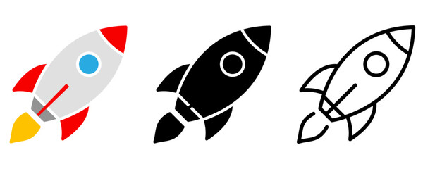 Plakat Set of launching rocket icons. Graphic set made in color, black, and outline versions. Vector illustration.