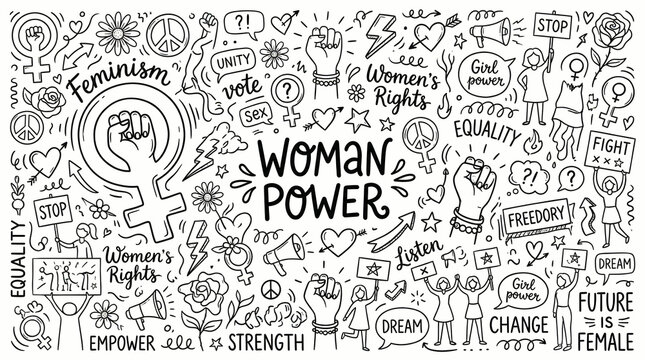 woman power concept with feminist doodles and symbols