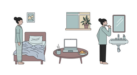 Fototapeta premium Morning routine: waking up, working from home, and personal hygiene