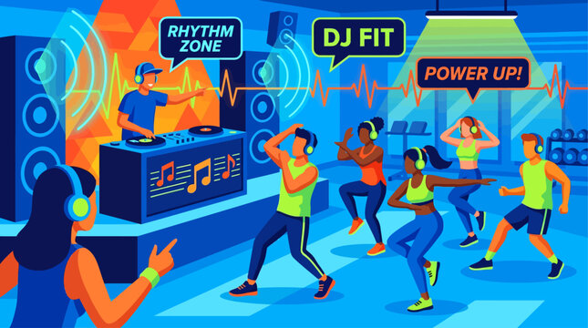 Retro pixel arcade dance mat tournament background with characters following neon arrows in a digital gaming zone