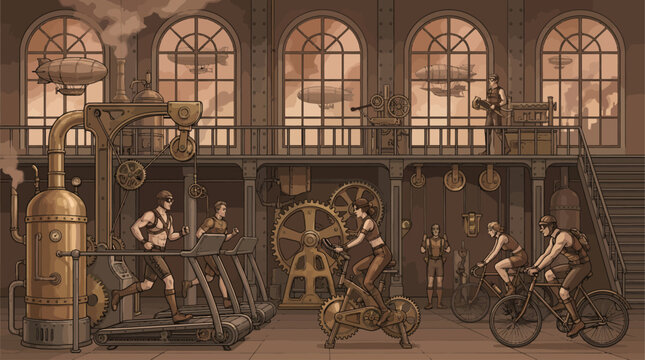 Steampunk style vintage gym interior with athletes training on mechanical copper wheels and iron pulleys