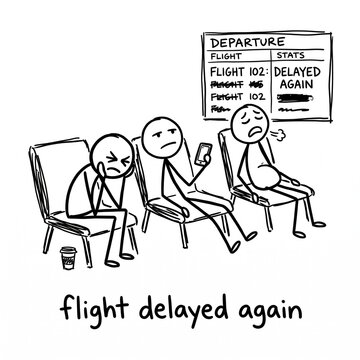Funny stick figure cartoon of frustrated passengers waiting for a delayed flight at the airport