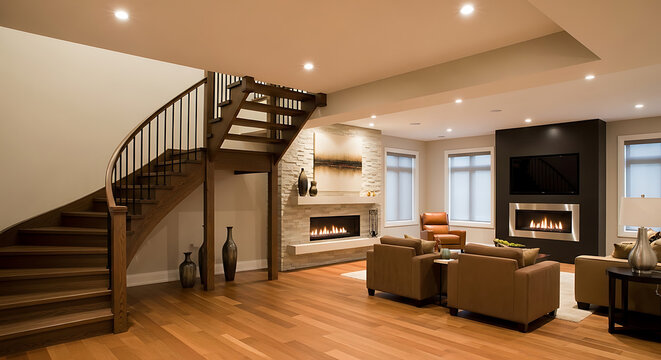 Contemporary finished basement interior featuring luxury hardwood flooring dark wood staircase with sleek metal railings and recessed ceiling lighting in a spacious renovated residential home