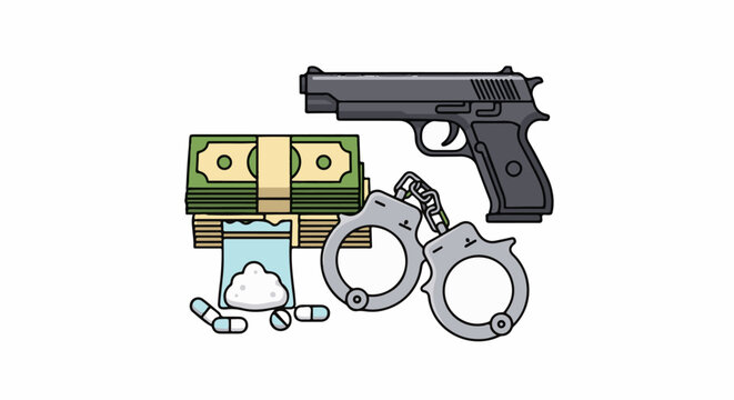 Illicit items, including drugs, money, and a firearm with handcuffs
