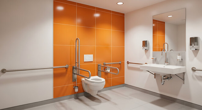 Modern accessible bathroom featuring stainless steel safety grab bars, ergonomic sink, and handicap toilet designed for elderly mobility and disabled convenience in a clean contemporary interior.