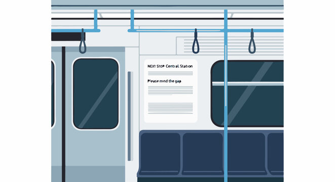 Interior view of a train carriage with blue seats and notice