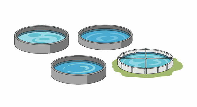 Four circular pools of blue water, three gray, one on grass