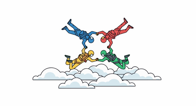 Four colorful skydivers in formation over clouds