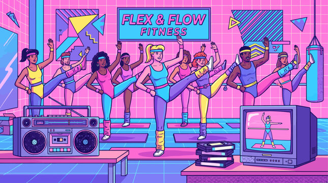 Retro eighties neon aerobics class illustration with women dancing on steps in colorful vaporwave gym studio