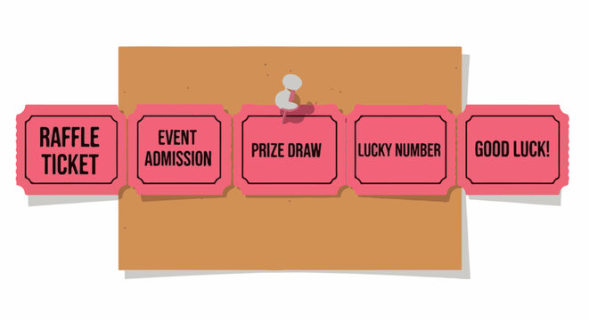 Five raffle tickets are pinned to a bulletin board
