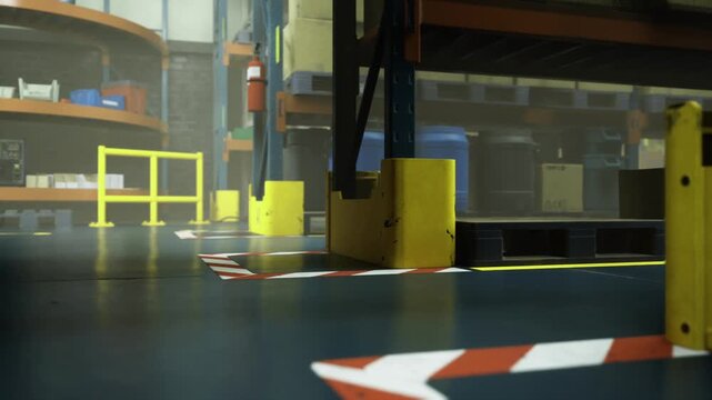 Bright yellow barriers stand in a busy warehouse where shelves hold various containers. The atmosphere is dynamic, filled with the buzz of activity as workers organize and manage supplies.