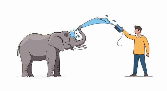 Man sprays water from a device at an elephant's face