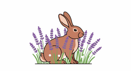 Fototapeta premium Cute cartoon rabbit sits in a field of purple lavender flowers