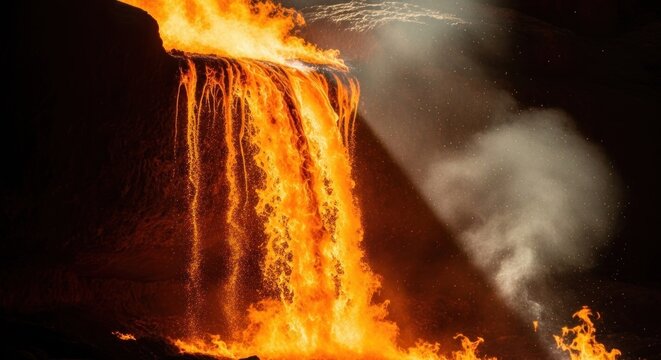 Cascading lava waterfall flowing into a dark cavern