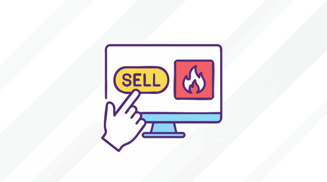 Computer monitor with sell button and fire icon on screen