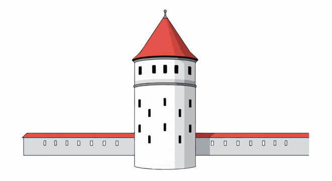Medieval fortress tower with red conical roof and white walls