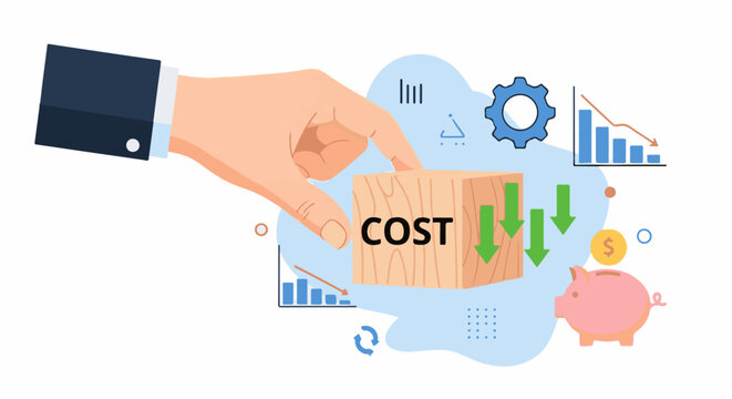 Hand holds cube labeled "COST" with downward arrows and piggy bank