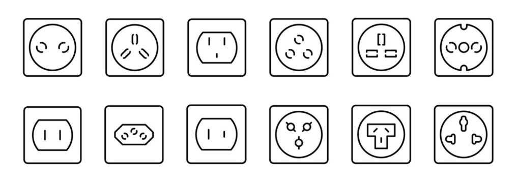 Electric Socket icons, web line icons set. Editable stroke. Vector illustration