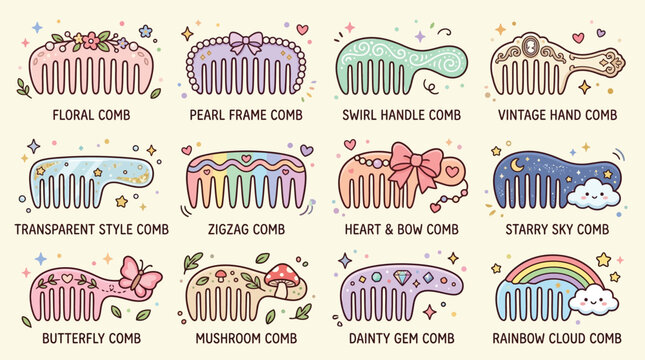 A charming collection of twelve uniquely designed combs, each with a whimsical theme and decorative elements.