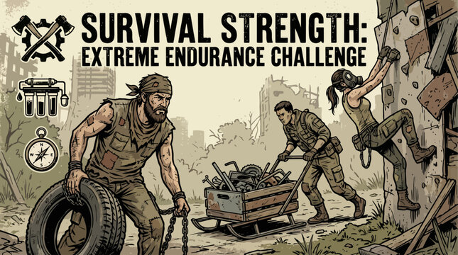 Vintage style illustration poster for extreme endurance challenge showing tough soldiers pulling heavy crate in battlefield