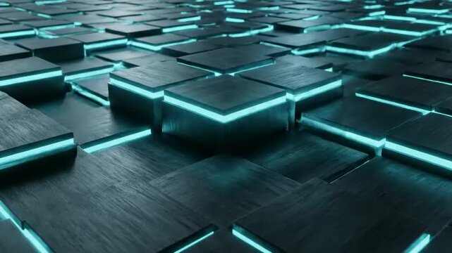 A futuristic abstract grid of glowing cyan edged dark cubes. Light rays emanate from the central squares.