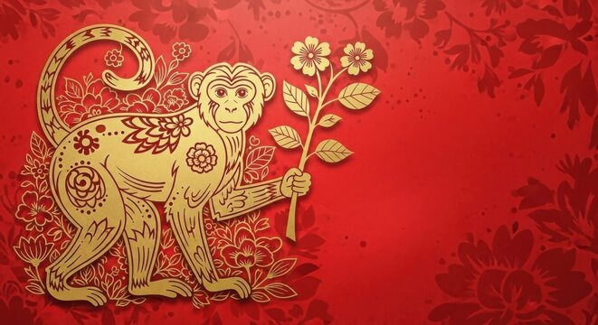 A gold monkey holding a flower on a red background illustration