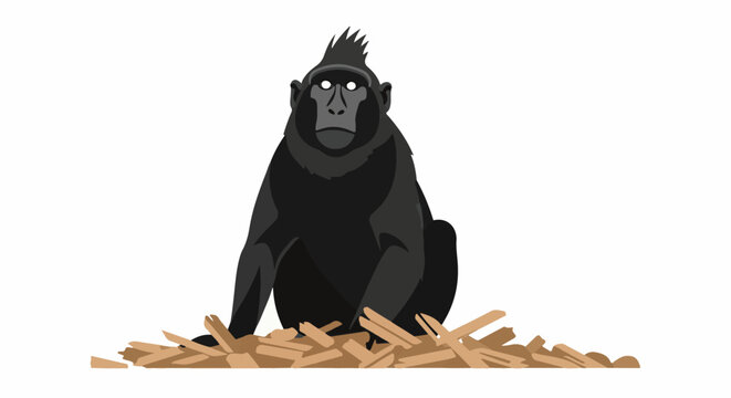Dark primate with white eyes sits amidst wood chips