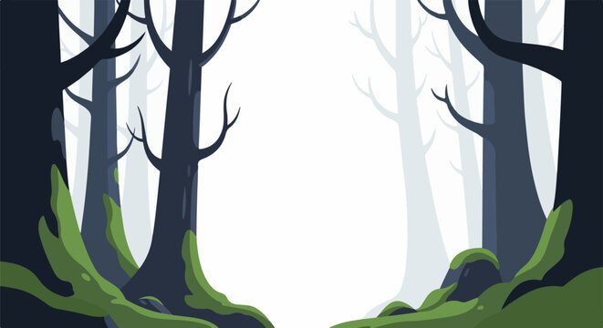 Dark, misty forest with moss-covered ground and bare, silhouetted trees