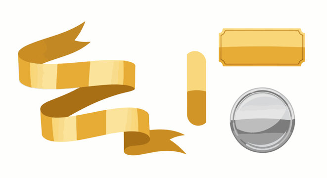 Golden ribbons, a pill shape, a label, and a silver circle