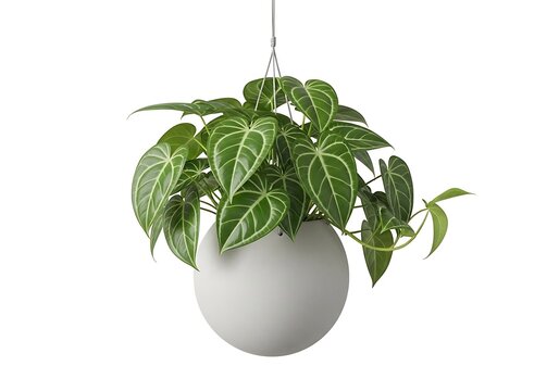 Hanging pothos plant in a spherical gray macrame pot
