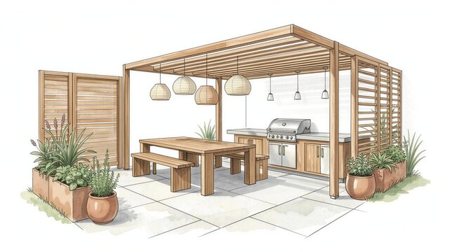 Wooden pergola with table, grill, and hanging lights