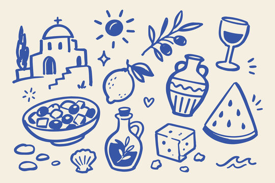 Greek Mediterranean Travel Set Doodle Sketch Vector