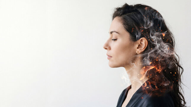 Woman with eyes closed and hair on fire and smoke, symbolizing stress or burning thoughts.