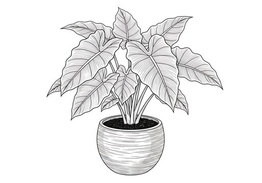 Elegant potted alocasia polly plant with broad leaves in woven container
