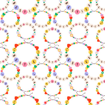 Cute seamless friendship bracelet pattern with colorful beads, hearts, and smiley charms. Vector illustration perfect for textile, wallpaper, and wrapping paper design.