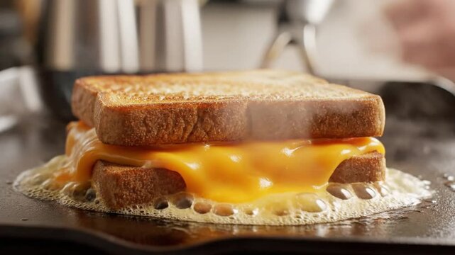 Melting Cheese on Grilled Bread: A Close-Up View of a Delicious Golden-Brown Grilled Cheese Sandwich on a Griddle
