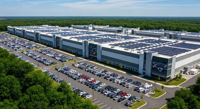 Aerial view of a massive contemporary technology hub and server farm infrastructure featuring sustainable solar panel arrays on roofs, symmetrical industrial architecture, and vast parking area