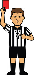 Fototapeta premium Serious sports official giving penalty. Character wearing black and white stripes blowing whistle and raising hand with red card. Professional referee mascot on transparent ground.