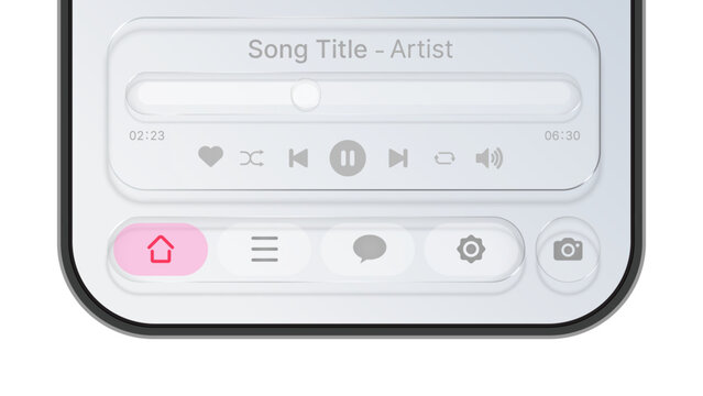 Modern Glassmorphism Music Player Interface on Smartphone Screen, Liquid Glass UI UX Control Buttons and Media Panel Vector Illustration