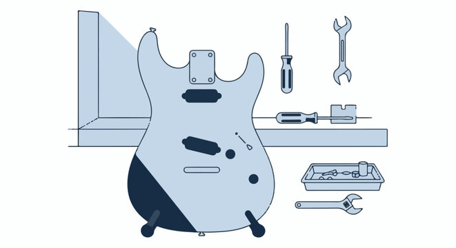 Guitar body on stand with tools, tray, and shelf for repair