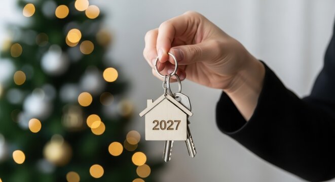 Hand holding house key in front of christmas tree illustration