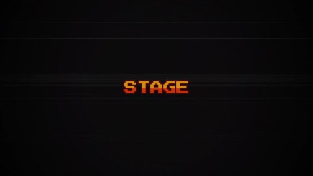 Retro 8-Bit Stage Text Animation with Glitch Effect, Vintage Arcade Game Screen, VHS Distortion, CRT Scanlines, Old TV Interference, Pixel Art Style, Gaming Level UI 4k video