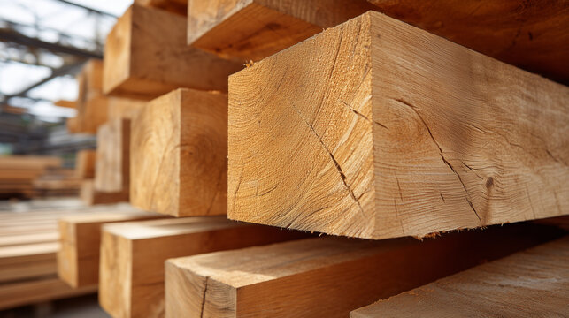 Close up of stacked wooden timber beams at lumber yard, construction materials and woodworking industry concept.