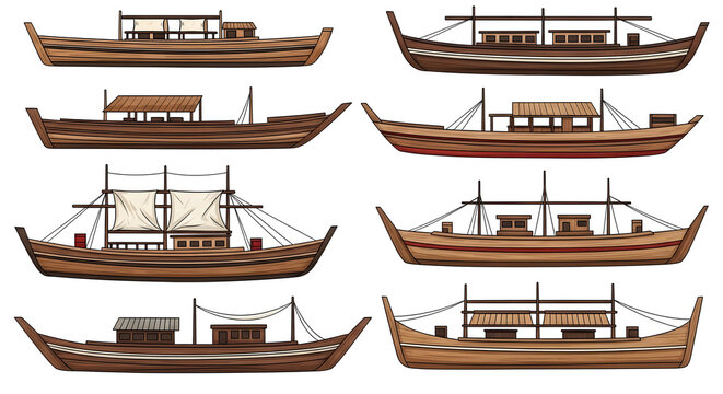 Eight Traditional Wooden Chinese Sailing Boats.