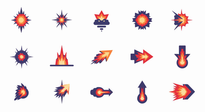 Diverse stylized explosions, flames, and projectile icons in warm colors