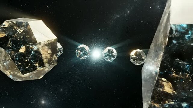 Several large, glowing blue crystalline objects float in dark outer space.