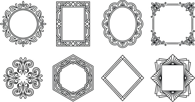 Vintage ornamental frames set, 8 black line art borders and geometric art deco frames, elegant victorian filigree vector elements for wedding invitations