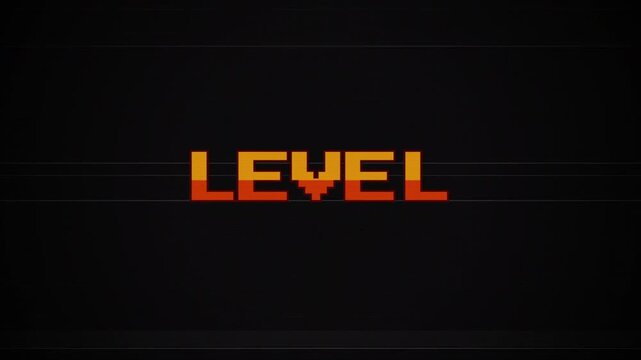 Retro 8-bit Level Text Glitch Animation on Dark Background, Vintage Arcade Game Interface, VHS CRT Static Effect, Pixel Art Gaming, Nostalgic Video Game Graphics 4k video