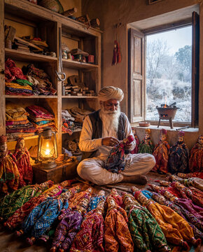 Rajasthani puppet maker artfully crafting traditional kathputli dolls
